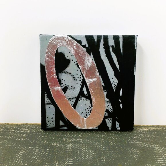 Miniature Square Gray Black Silver Leaf Branches Ink Drawing on Canvas Wall Art - Picture 4 of 16